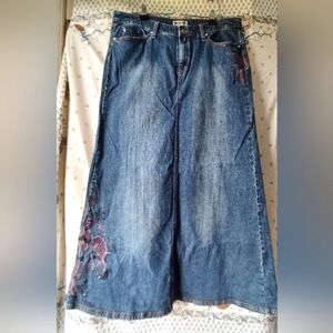 Vintage Y2K Denim Maxi Skirt with Embroidered Details